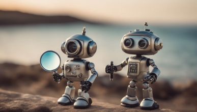 Potenzial­analyse - Roboter am Strand mit einer Lupe