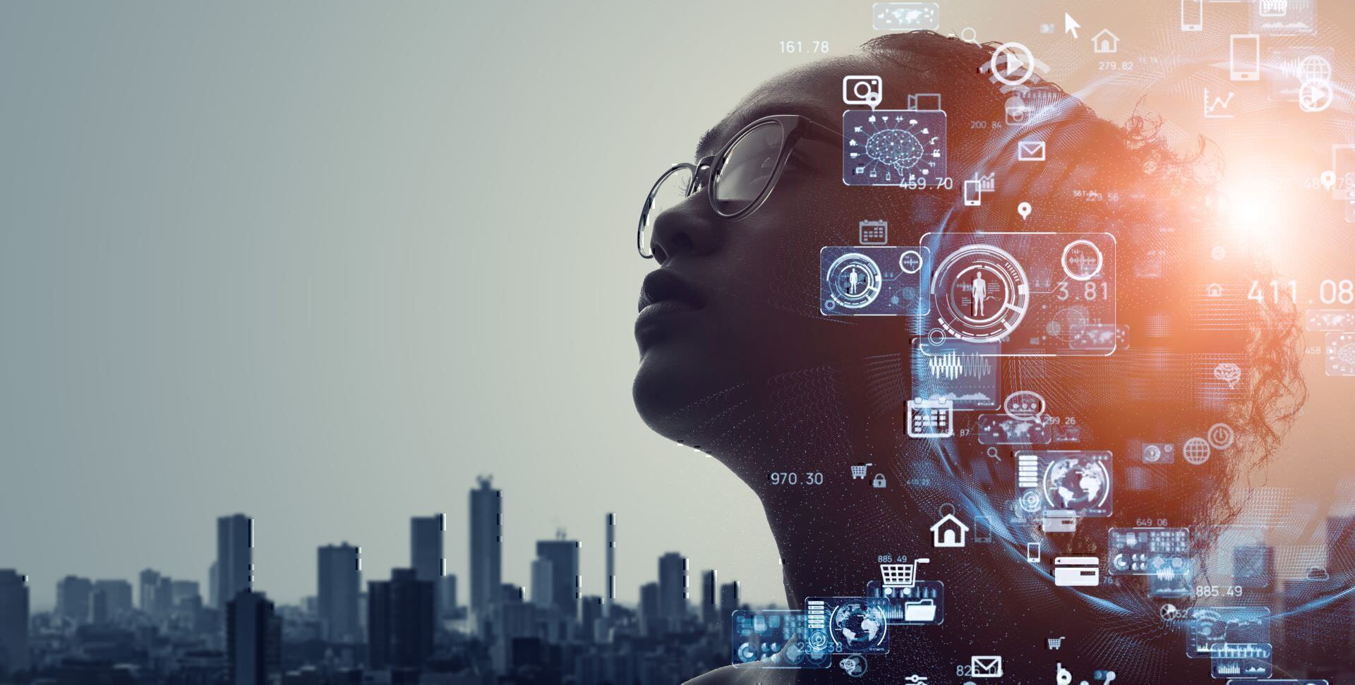 SAP Utilities Core Frau schaut nach oben Urbaner Hintergrund Technologie